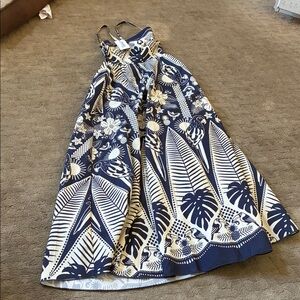 Zena Navy and Cream Tropical-Print Spaghetti Strap Maxi Dress